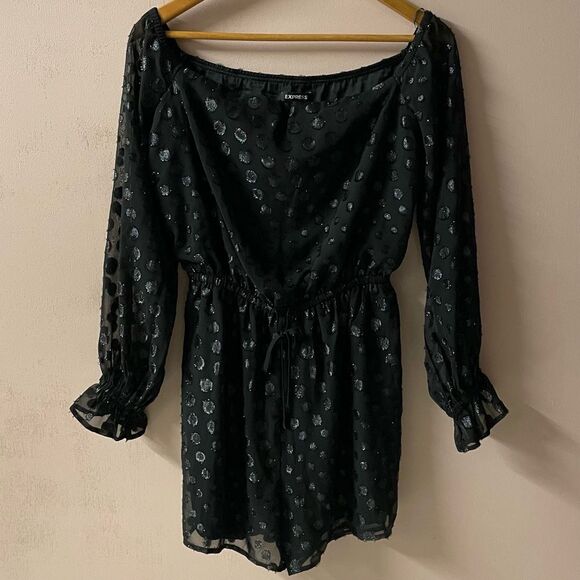 Vintage Y2K Express Black Polka Dotted Long Sleeve Romper Size S EUC - Picture 11 of 12